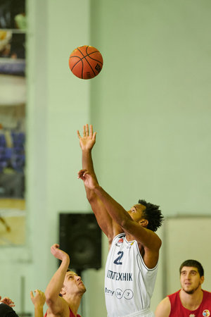KHARKIV, UKRAINE - FEBRUARY 7, 2021: The basketball match of Ukrainian league BC Polytechnic vs BC...