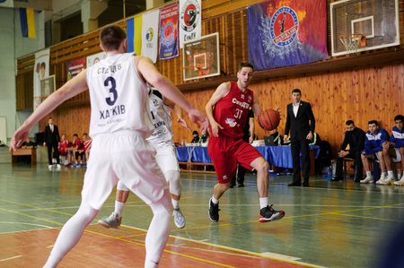 KHARKIV, UKRAINE - FEBRUARY 7, 2021: The basketball match of Ukrainian league BC Polytechnic vs BC SumDUのeditorial素材