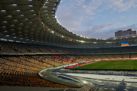 KYIV, UKRAINE - FEBRUARY 21, 2021: NSC Olympic. The football match of Ukrainian Premiere League FC Shakhtar - FC Ruhのeditorial素材
