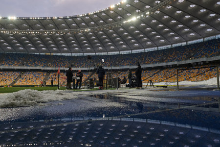 KYIV, UKRAINE - FEBRUARY 21, 2021: NSC Olympic. The football match of Ukrainian Premiere League FC Shakhtar - FC Ruhのeditorial素材