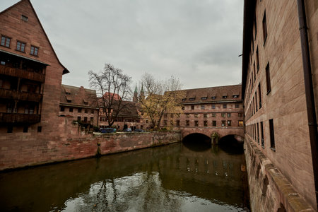 NUREMBERG, GERMANY - NOVEMBER 8, 2017: View at the Pegnitz river. Bavarian and Franconia town architecture.のeditorial素材