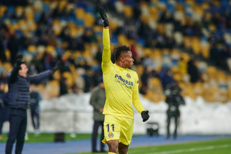 KYIV, UKRAINE - MARCH 11, 2021: 11 midfielder Samu Chukwueze during the match of UEFA Europa League Dynamo Kyiv vs Villarreal at NSC Olympic in Kyivのeditorial素材