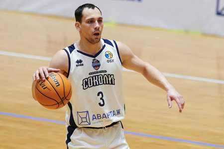 KHARKIV, UKRAINE - MARCH 13, 2021: The basketball match of Ukrainian Super League Kharkivsky Sokoly vs Prometeyのeditorial素材