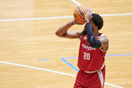 KHARKIV, UKRAINE - MARCH 13, 2021: The basketball match of Ukrainian Super League Kharkivsky Sokoly vs Prometeyのeditorial素材