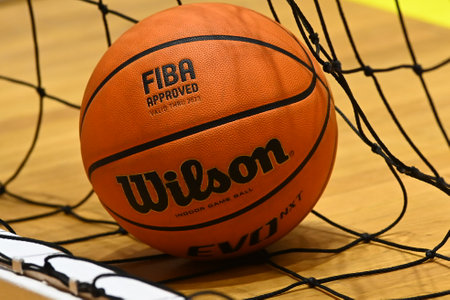 KHARKIV, UKRAINE - MARCH 30, 2021: The basketball ball Wilson for match Ukrainian Super League Sokoly - Ternopilのeditorial素材