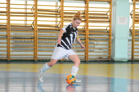 KHARKIV, UKRAINE - APRIL 01, 2021: The futsal match of Ukrainian Women League Bagira - Teslaのeditorial素材