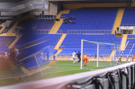 KHARKIV, UKRAINE - APRIL 14, 2021: The football match of Professional football league. FC Metal Kharkiv vs FC Peremohaのeditorial素材