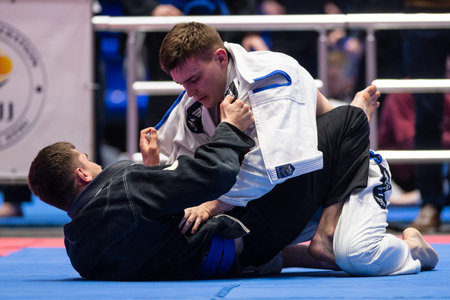 KHARKIV, UKRAINE - APRIL 10, 2021: Fighters during Ukraine national challenge Brazilian jiu jitsu.