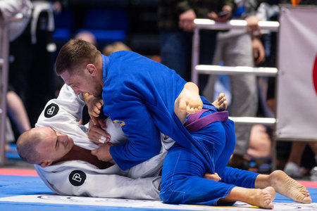 KHARKIV, UKRAINE - APRIL 10, 2021: Fighters during Ukraine national challenge Brazilian jiu jitsu.