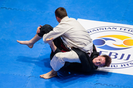 KHARKIV, UKRAINE - APRIL 10, 2021: Fighters during Ukraine national challenge Brazilian jiu jitsu.のeditorial素材