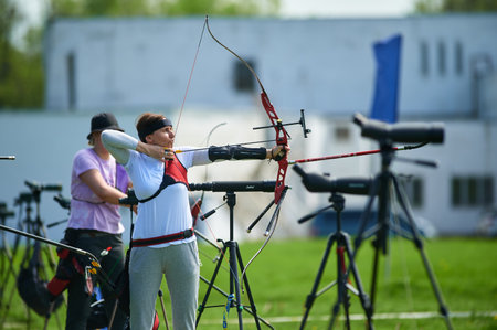 KHARKIV, UKRAINE - MAY 14, 2021: International archery competitions Cup of Kharkiv mayor.のeditorial素材