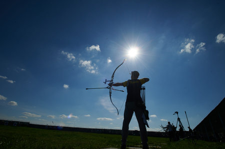 KHARKIV, UKRAINE - MAY 14, 2021: International archery competitions Cup of Kharkiv mayor.