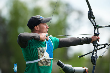 KHARKIV, UKRAINE - MAY 14, 2021: Victor Ruban participant International archery competitions Cup of Kharkiv mayor.のeditorial素材