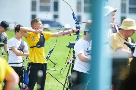 KHARKIV, UKRAINE - MAY 14, 2021: International archery competitions Cup of Kharkiv mayor.のeditorial素材