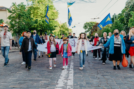 KHARKIV, UKRAINE - MAY 19, 2021: March of vishivanok, ukrainian national ethnic clothesのeditorial素材