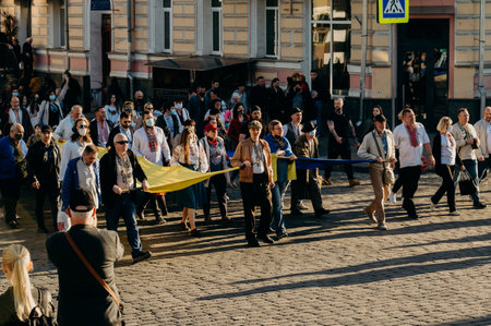 KHARKIV, UKRAINE - MAY 19, 2021: March of vishivanok, ukrainian national ethnic clothesのeditorial素材