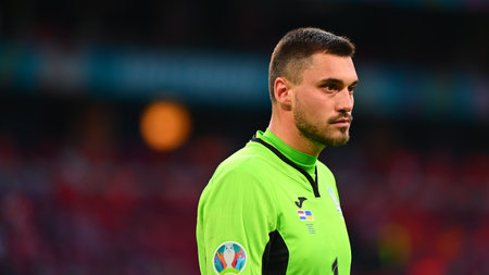 AMSTERDAM, NETHERLANDS - JUNE 13, 2021: Georgiy Bushchan (1) EURO 2020. The football match Ukraine vs Netherlandsのeditorial素材