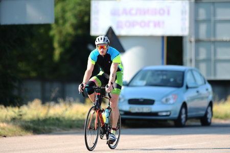 KHARKIV, UKRAINE - AUGUST 1, 2021: Athlet at the Iron Way Triathlon 2021 competitions.