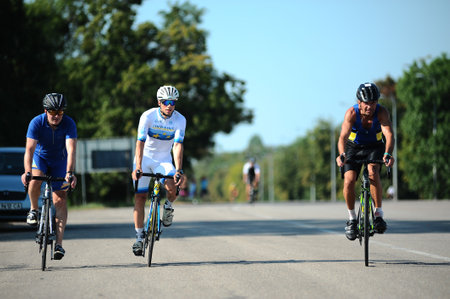 KHARKIV, UKRAINE - AUGUST 1, 2021: Athlet at the Iron Way Triathlon 2021 competitions.のeditorial素材