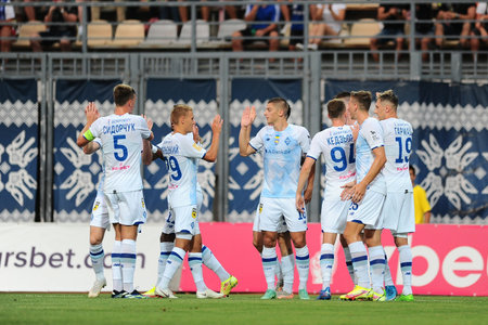 Zaporizhzhia, Ukraine - August 7, 2021: Players Dinamo celebrating goal. The football match of UPL championship FC Zorya Luhansk vs FC Dinamo Kyivのeditorial素材