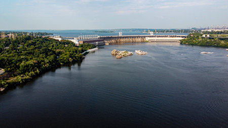 KHORTYTSIA, UKRAINE - AUGUST 8, 2021: DnepoGES. Zaporozhye hydro power plant on the river Dnepr (Dnipro). Ukraineのeditorial素材
