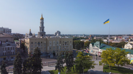 KHARKIV, UKRAINE - AUGUST 20, 2021: Day of Flag. Ukrainian yellow and blue national flag on the territory of Kharkiv. Biggest flag in Ukraine.のeditorial素材