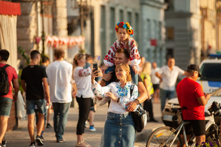 KHARKIV, UKRAINE - AUGUST 23, 2021: March of vishivanok, ukrainian national ethnic clothesのeditorial素材