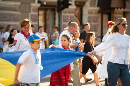 KHARKIV, UKRAINE - AUGUST 23, 2021: March of vishivanok, ukrainian national ethnic clothesのeditorial素材