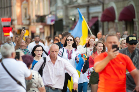 KHARKIV, UKRAINE - AUGUST 23, 2021: March of vishivanok, ukrainian national ethnic clothesのeditorial素材