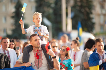 KHARKIV, UKRAINE - AUGUST 23, 2021: March of vishivanok, ukrainian national ethnic clothesのeditorial素材