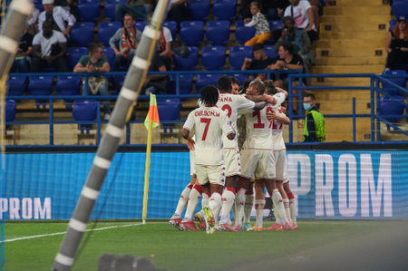 KHARKIV, UKRAINE - AUGUST 24, 2021: Wissam Ben Yedder (captain) is congratulated after scoring the match goal. The UEFA Champions League, match Shakhtar vs Monacoのeditorial素材