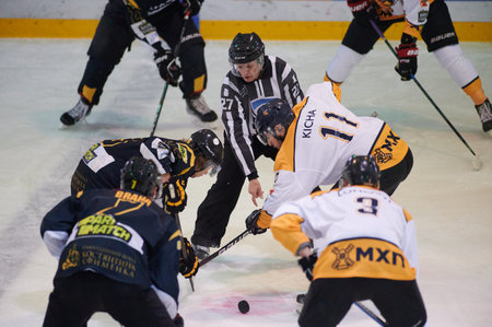 KHARKIV, UKRAINE - OCTOBER 10, 2021: The hockey match of Ukrainian hockey league Bilii Bars Rulav...