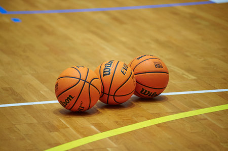 Kharkiv, Ukraine - October 28, 2020: Official basketball balls Wilson of the match of Ukraine super leagueのeditorial素材