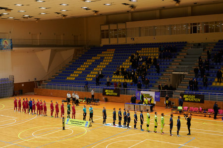 KHARKIV, UKRAINE - NOVEMBER 27, 2021: The futsal match of Ukrainian ExtraLeague Viva Cup Monolit vs Hitのeditorial素材