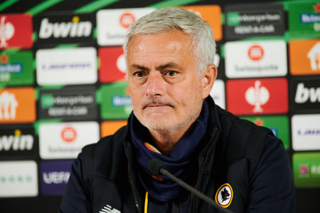 ZAPORIZHZHIA, UKRAINE - SEPTEMBER 28, 2021: JOSE MOURINHO in conference press. The UEFA Conference League match between FC Zorya Luhansk vs AC Romaのeditorial素材