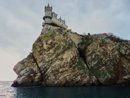 The rocky shore of the black sea in January. The famous place of Crimea Castle Swallowのeditorial素材