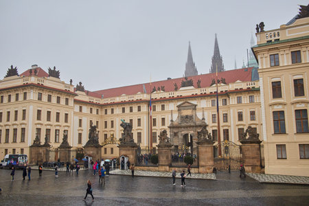 PRAGUE, CZECH REPUBLIC, 29 OCTOBER 2018: Matthias Gate of New Royal Palace (Novy kralovsky palac) with statues of Wrestling giants in Prague Castle Hradcany,のeditorial素材