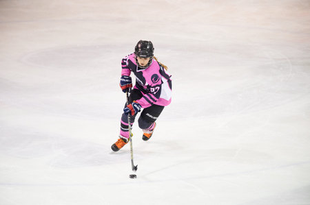 KHARKIV, UKRAINE - FEBRUARY 6, 2022: The match of Female hockey league UHL. Game between female...