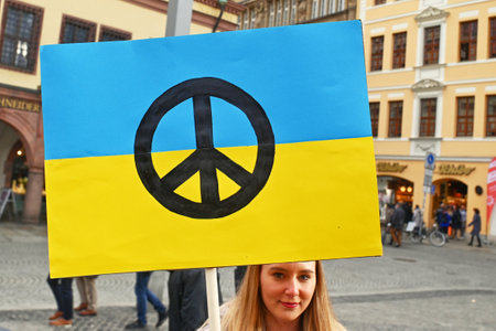 GERMANY, LEIPZIG: March 5, 2022: A demonstration supporting the Ukraine against the recent attack by Russia took place in Marktのeditorial素材