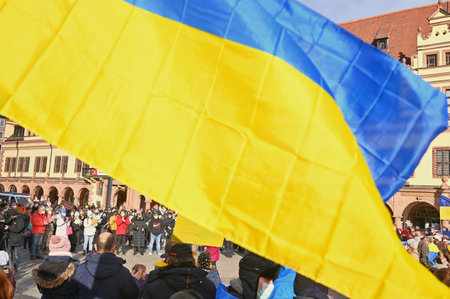 GERMANY, LEIPZIG: March 5, 2022: Ukrainian flag. A demonstration supporting the Ukraine against the recent attack by Russia took place in Marktのeditorial素材