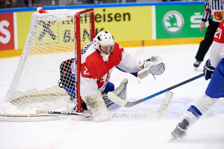TYCHY, POLAND - APRIL 29, 2022: The hockey match of IIHF 2022 Ice Hockey World Championship Div 1B Serbia - Polandのeditorial素材