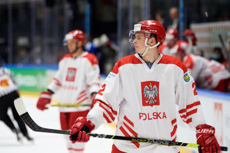 TYCHY, POLAND - APRIL 26, 2022: The hockey match of IIHF 2022 Ice Hockey World Championship Div 1B Poland vs Estoniaのeditorial素材