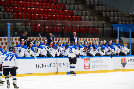 TYCHY, POLAND - APRIL 28, 2022: The hockey match of IIHF 2022 Ice Hockey World Championship Div 1B Japan vs Estoniaのeditorial素材