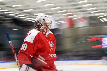 TYCHY, POLAND - APRIL 29, 2022: The hockey match of IIHF 2022 Ice Hockey World Championship Div 1B Serbia - Polandのeditorial素材