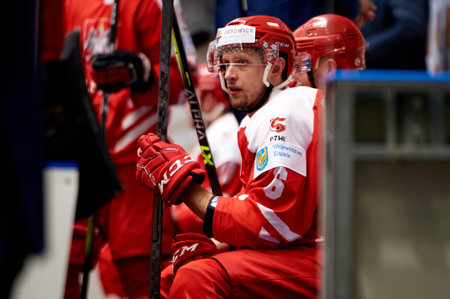 TYCHY, POLAND - APRIL 29, 2022: The hockey match of IIHF 2022 Ice Hockey World Championship Div 1B Serbia - Polandのeditorial素材