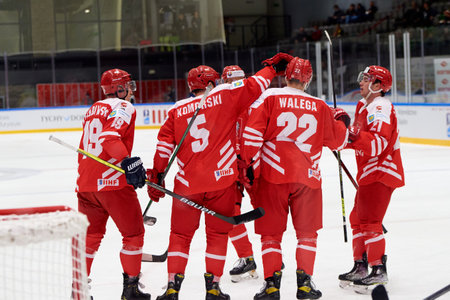 TYCHY, POLAND - APRIL 29, 2022: The hockey match of IIHF 2022 Ice Hockey World Championship Div 1B Serbia - Polandのeditorial素材