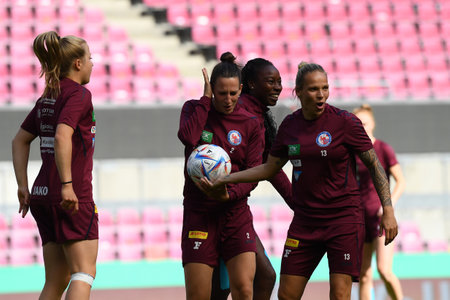 COLOGNE, GERMANY - MAY 27, 2022: Teninsoun Sissoko, Sara AgreÅ¾, Isabel Kerschowski. Prematch practice of 1. FFC Turbine Potsdam. DFB Pokal Finale der Frauen 2022のeditorial素材
