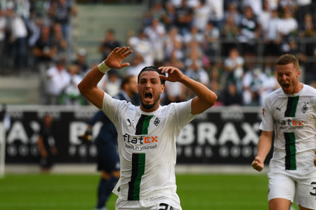 MOENCHENGLADBACH, GERMANY - AUGUST 6, 2022: Ramy Bensebaini. The football match of Bundesliga  Borussia MÃ¶nchengladbach vs TSG 1899 Hoffenheim.のeditorial素材