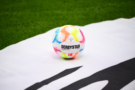 LEVERKUSEN, GERMANY - 06.11.22: Derbystar  ball of the season by Select. The match of Bundesliga FC Bayer 04 Leverkusen vs 1. FC Union at BayArenaのeditorial素材