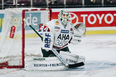 COLOGNE, GERMANY - JANUARY 08, 2023: DENNIS ENDRAS.  Hockey match DEL Koelner Haie - Augrsburger Panterのeditorial素材